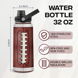 SANDJEST Football Water Bottle 32oz Stainless Steel Insulated Bottles for Men Boys Sports Lovers Fan Players Coach - Softball Gifts for Birthday Christmas