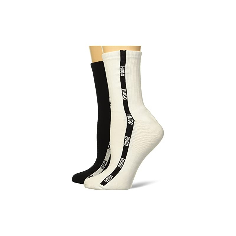 HUGO Womens 2-pack Tape Logo Design Ribbed Quarter Length Socks,