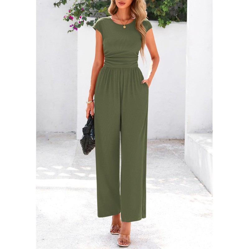 PRETTYGARDEN Summer Jumpsuits for Women Dressy 2025 Ribbed Cap Sleeve
