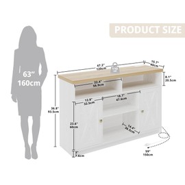 IRONCK Coffee Bar Cabinet with Power Strip, 47" Storage Cabinet with Barn Doors and Thickened Top Board, White Sideboard, Buffet for Dinning Room, Kitchen, Living Room