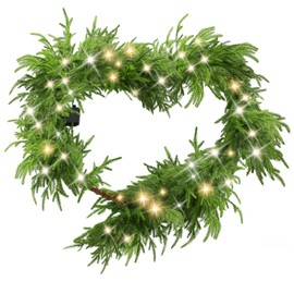 Goldshire 6 Ft Christmas Norfolk Pine Garland with 100 LED Lights, Dense Norfolk Pine Real Touch Garland, Artificial Greenery Garlands for Christmas Holiday Mantle Fireplace Table Home Decor Xmas