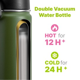 Mollcity Kids Insulated Water Bottle with Straw-18 oz Stainless Steel Double Wall Vacuum Wide Mouth Water Bottle for School-Metal Travel Water Flask with Silicone Boot (Grass Green)