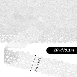 9.1M/10 Yards White Lace Ribbon, 3cm Wide Floral Eyelet Lace Trim Elastic Vintage White Laces Fabric for Garment Sewing Gift Wrapping Wedding Decoration DIY Crafts