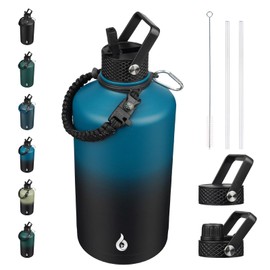 BJPKPK 1 Gallon Water Bottle with Straw Lid, 50oz, 64oz, 87oz, 128oz Large, Stainless Steel Water Bottles with 3 Lids and Paracord Handle, Double Wall Vacuum Metal Water Jug, Blue & Black