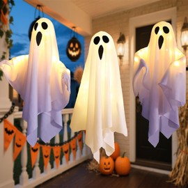 Decoraciones Colgantes de Fantasmas de Halloween,3 Piezas Fantasmas Colgantes de Halloween con Luces LED,Fantasmas Colgantes de decoracion para Exterior e Interior ﻿ (Luz blanca 3pc - fantasma)