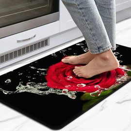 Red Rose Flower Kitchen Rugs Black Anti Fatigue Mats for Kitchen Floor Cushioned Non Slip Waterproof Memory Foam Mat for Bedroom Office Bathroom Sink