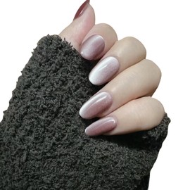 Cat Eye Press on Nails Handmade Short Oval/Square/Round False Nails with French Tip/Aurora/Magnetic Shimmer Designs (Silky#Cinnamon, Medium)