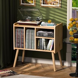 UODERS Record Player Table, Mid-Century Record Player Stand with Vinyl Storage Hold Up to 150+ Albums, Vinyl Record Cabinet with Adjustable Shelves, Wood Turntable Stand for Music Living Room (Walnut)