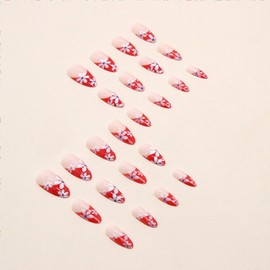Flower Press on Nails Medium Almond Fake Nails Red French False Nails with Design Cute Daisy Floral Glossy Glue on Nails Full Cover Acrylic Nails Spring Artificial Stick on Nails for Women 24Pcs