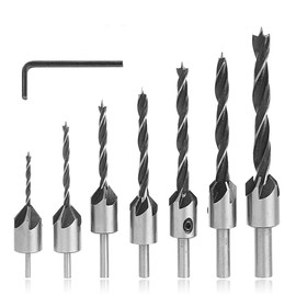 Eeych 7Pcs Countersink Drill Bits HSS with 1 Hex Key Wrench, Woodworking Carpentry Reamer Plug Cutter Set Drilling Tool for Plastic Wood DIY