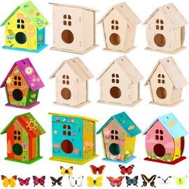 Sawysine 107 Pcs DIY Birdhouse Kits for Kids to Build, 48 Wooden Bird House Kits in 6 Shapes and 57 Butterfly Sticker for Children Spring Craft Activity Art DIY Project(Lovely Style)