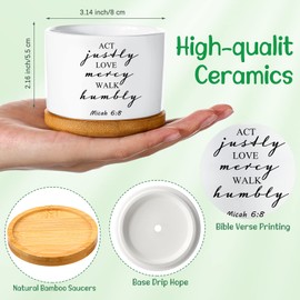 Fumete 24 Set White Bible Verse Succulent Pots with Drainage 3.15" Mini Ceramic Flower Planter Pot with Bamboo Tray Small Plant Pots Christian for Friends Family, Plants Not Included