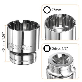 HARFINGTON 2pcs 12 Point Socket 1/2" Drive by 27mm Metric Shallow Socket Chrome Vanadium Steel 12-Point Standard Sockets Mechanic Hand Tool for Car Repair Mechanical Maintenance Home Use