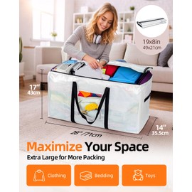 AdeaBag Extra Large Moving Bags, 4 Pack Heavy Duty Storage Bags Boxes Bins Totes with Hnadles Zippers Visible Window for Clothes College Dorm Travel, Clear