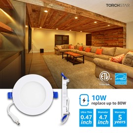 TORCHSTAR Essential Series 4 Inch Ultra-Thin LED Recessed Lighting with J-Box, 10.5W Dimmable Slim Panel Downlight 800lm, ETL & Energy Star Listed, 2700K Soft White, Pack of 6