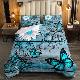 Butterfly Bedding Sets for Girls Teens Women Bedroom Rustic Flower Comforter Set,Blue Butterflies White Chic Floral Duvet Set Retro Vintage Romantic Style Quilt Set Twin Size Soft Lightweight