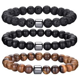 Tiger Eye Bracelet For Men 8MM Natural Stone Beads Bracelet Set Stretch Lava Rock Bracelets Adjustable Black Crystal Beaded Bracelet for Men Women Gifts