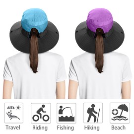 IYEBRAO Pack of 2 Ponytail Sun Hat Women's UV Protection Wide Brim Summer Hat with Neck Cord Sun Protection Hat Beach Hat Fishing Hat Fishing Hat Garden Hat Outdoor Hat, Purple+Blue 2pcs