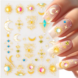 YALOJE 5D Embossed Nail Stickers, Bohemian Style Sun Moon Flower Nail Art Decals, Self-Adhesive Spring Summer Nail Art Decorations for Women Manicure Design, DIY - 1 Sheets