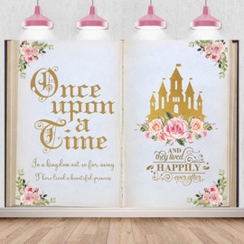 Withu Fairy Tale Book Castle Backdrop Once Upon a Time Floral Flowers Pink Gold Princess Girl Birthday Baby Shower Party Decoration Banner Wonderland Fairytale Photography Background 6x4ft