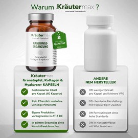 NEU! Kräutermax Granatapfel Kapseln | Granatapfel Kapseln Hochdosiert mit Kollagen, Hyaluronsäure, Vitamin A, Vitamin B | Premiumqualität nach Kräutermax Manier | Granatapfel Extrakt | 1 x 60 Stk