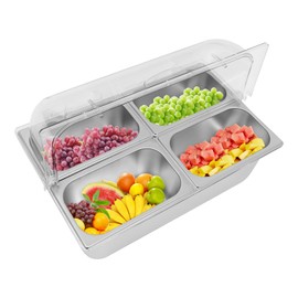 Ice Food Serving Display Tray, 4 Pan Stainless Steel Salad Bar Buffet Station with 4 Spoons + 4 Clamps, Cold Food Buffet Server for Parties, Pizza Topping Station Cooling Trays