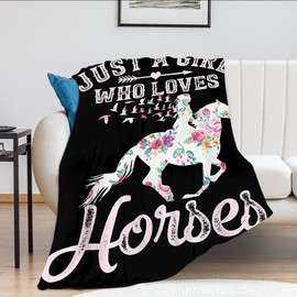 Just A Girl Who Loves Horses Blanket Horse Flower Throw Blanket for Girls Super Soft Warm Cozy Fleece Plush Bedding ​Blanket Horse Gifts for Women Kids Adults Couch Sofa 50"x60"