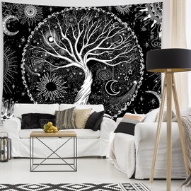 Tapestry Wall Hanging, Black and White Tree of Life Tapestries Moon Phases Tapestry for Living Room Bedspread Room Bedroom (L/150 x 200 cm)