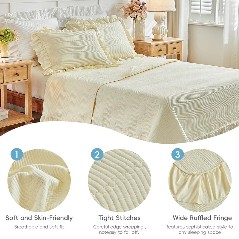 Flysheep 3 Pieces Yellow Quilt Set Queen Size, Wide Ruffled