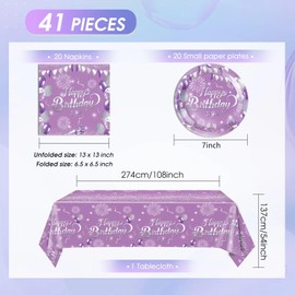 Decoraciones de cumpleaños moradas para mujeres y niñas, platos y servilletas de cumpleaños morados y plateados, suministros de fiesta, platos morados, servilletas moradas, mantel morado para