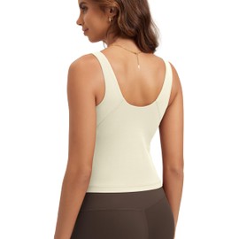 ODODOS Cloud Feeling Tank Bra for Women U Back Wirefree Sports Bra Yoga Top, Waist Length, Oat Milk, Large