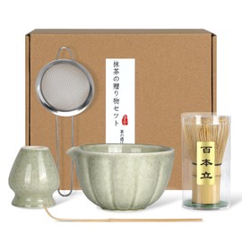 Matcha Whisk Set, 5 Pcs Matcha Making Kit with Ceramic Matcha Bowl with Spout, Matcha Whisk and Holder, Bamboo Scoop, Powder Starter Sifter for Matcha Lovers and Tea Ceremony
