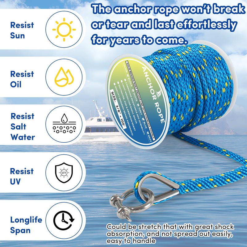 Premium Anchor Rope 100 ft x 3/8 inch, Solid Braid