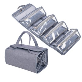 Water Resistant Polyester 4 in 1 Hanging Roll Up Makeup Bag Toiletry Bag Travel Cosmetic Storage Case Hair Beauty Tools First Aid Kits Organizer Bag With 4 Removable PVC Zipper Pouches (Grey)