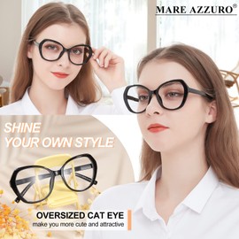 MARE AZZURO Oversized Reading Glasses +4.0 Women Large Cat Eye Readers 1.00 1.25 1.50 1.75 2.00 2.25 2.50 2.75 3.00 3.50 4.00 5.00 6.00 (Black, 4.0)