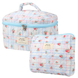 NATINSA Cute Makeup Bag for Women(2 Pcs), Travel Cosmetic Bags, Quilted Coquette Aesthetic Floral Toiletry Organizer Bag (Red Flower)