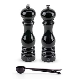 Peugeot Paris u'Select 6 Setting Manual Salt & Pepper Mill Set With Black Stainless Steel Spice Scoop Made In France (Black Lacquered, 9- Inch)