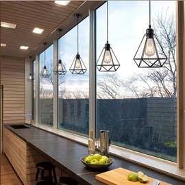 LEDSone Modern Geometric Diamond Pendant Lampshade - Metal Wire Cage, Black, 13x20cm, Ideal for Living Room, Kitchen, Restaurant, Office