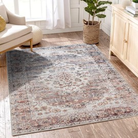 nusoarug Machine Washable Area Rugs, Vintage 4 * 6 Non Slip Area Rugs with TPR Rubber Backing, Boho Area Rug Carpet Runner for Living Room Bedroom Dining Room Indoor, Vintage Taupe- Faux Wool