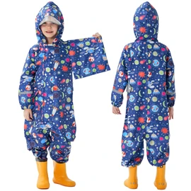 Fewlby - Traje de lluvia impermeable para niños con capucha, cierre de dibujos animados, talla M