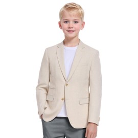 ROZU Kids Blazers for Boys Linen Suit Jacket 2 Button Casual School Uniform Jacket Ring Bearer Outfit Beige Sport Coats Size 14 Beige