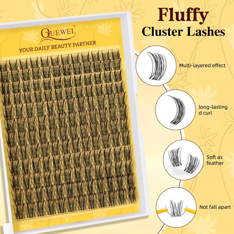 QUEWEL Eyelash Extensions, 144 Pieces, Natural Cluster Lashes, D-Curl Fine