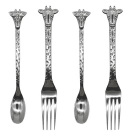 Pinenjoy 4Pcs Giraffe Spoon Forks Silver 18/10(304) Stainless Steel 6inch Dessert Spoon and Fork Set for Sugar Coffee Tea Drink Ice Cream Dessert Salad Appetizer