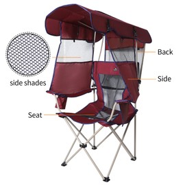 Camping Brothers Camping Chair with Shade Canopy - Outdoor Folding Patio Chair - Includes Retractable Sun Shade, Cup Holder, Side Pockets (Maroon)