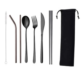 CARAVIAN - Set de Cubiertos de Acero Inoxidable, Juego de Cubiertos Portatil , Fuerte Antioxidante aptos para Acampar Hogar Restaurante Oficina Eventos, Kit de Utensilios Portatiles Incluye: Cuchillo, Tenedor, Cuchara, Palillos Chinos, Popote Curvo y Rec
