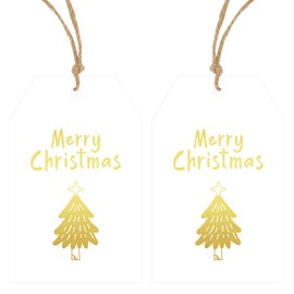 Anwyll Christmas Gift Tags,50Pcs Gold Foil Merry Christmas Gift Wrapping Tags Design with String Attached,White Happy Holiday Gift Tags,Tree Xmas Hanging Paper Gift Tags for Present Holiday Christmas