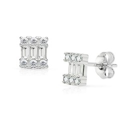 SOLIDSILVER -Sterling Silver Square cut Crystal Clear CZ Accent Stud Earrings