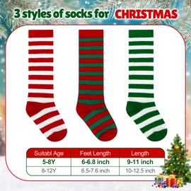 Hercicy 3 Pairs Christmas Knee High Socks for Girls Long Striped Candy Canes Xmas Stockings Stuffers for 6-12 Kids Cosplay(M)