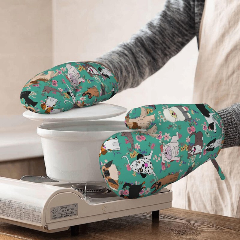 Dog Silicone Oven Mitts and Pot Holders Set Kitchen Gloves