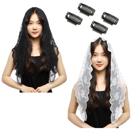 [Uccellino] Catholic Veil Church Mass Triangle with Attached Comb Veil Worship No Slip Lace, black and white set